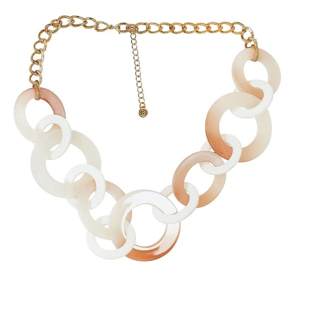 Signed V Chunky Plastic Link Necklace Beige White Gold Chain Statement 17" - 20"